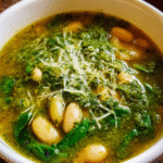 Spinach White Bean Pesto Soup in a bowl with Parmesan topping