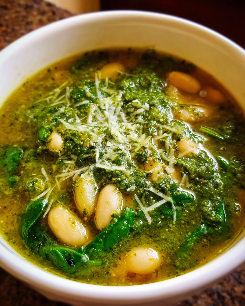 Spinach White Bean Pesto Soup in a bowl with Parmesan topping