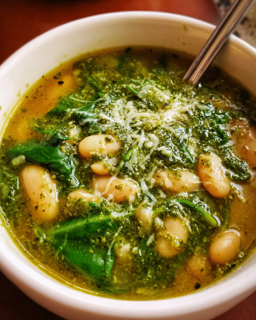 Spinach White Bean Pesto Soup in a bowl with Parmesan topping