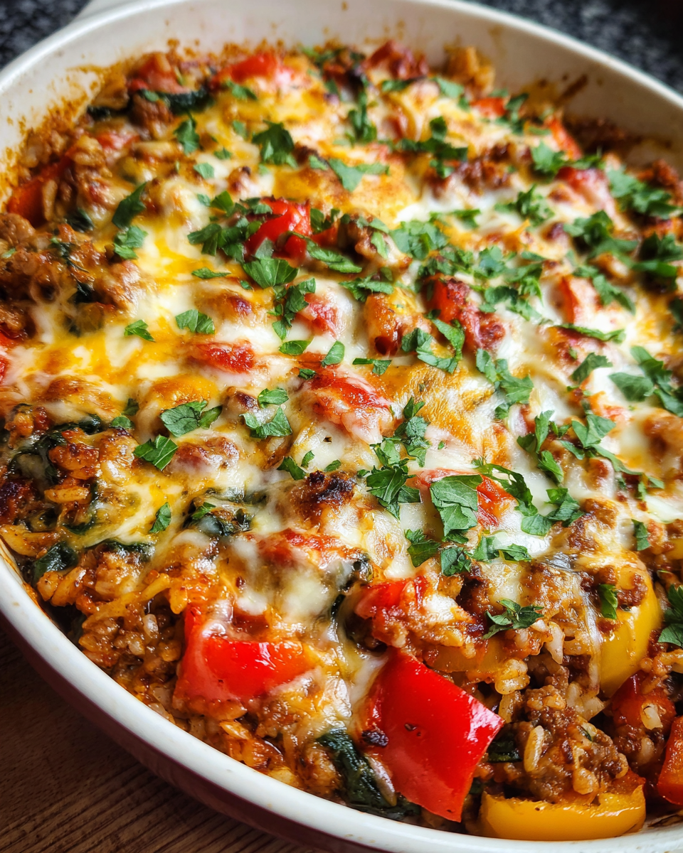 Stuffed pepper casserole in a skillet