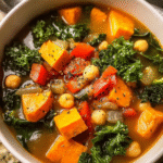 Sweet Potato Kale Soup in a bowl with chickpeas and fresh kale