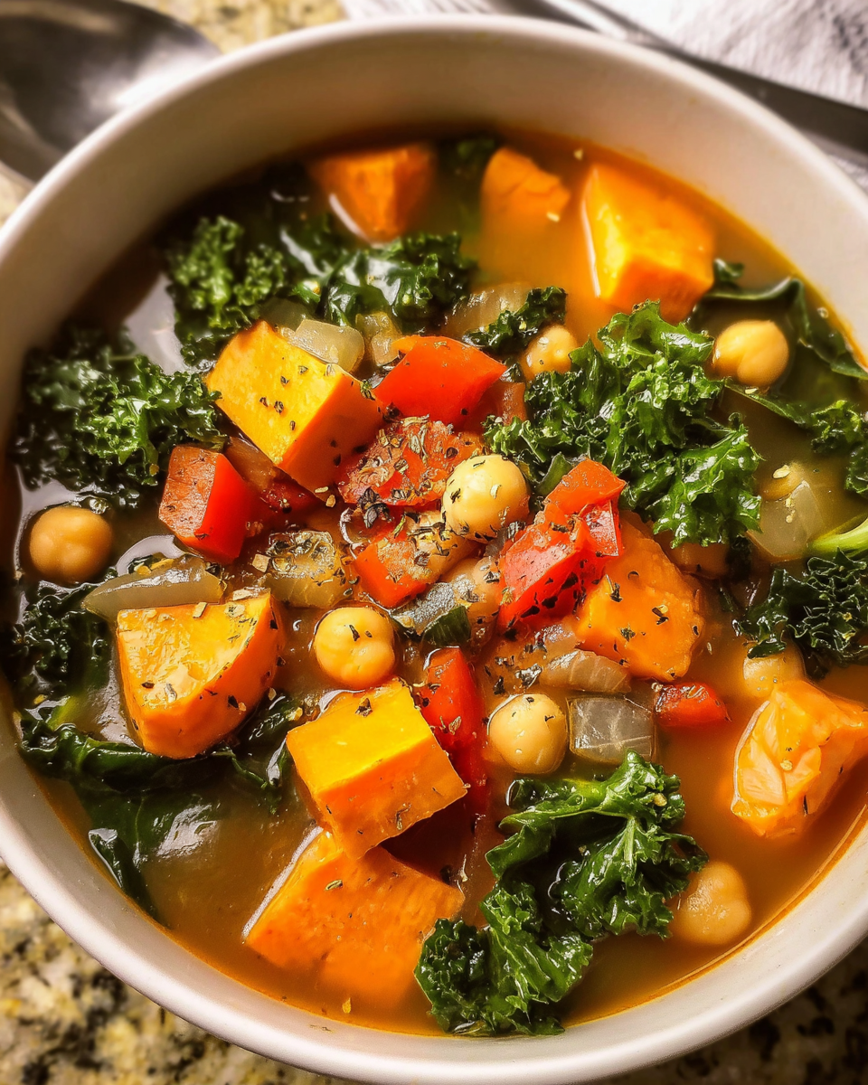 Sweet Potato Kale Soup in a bowl with chickpeas and fresh kale