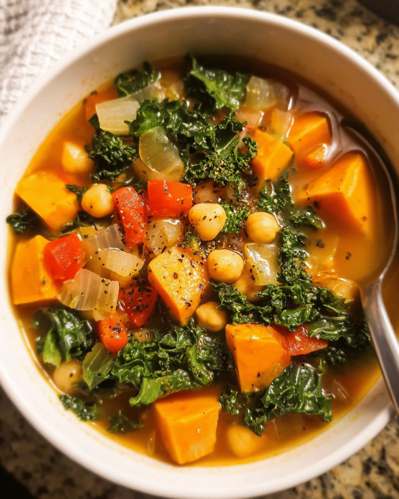 Sweet Potato Kale Soup in a bowl with chickpeas and fresh kale