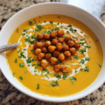 Bowl of Sweet Potato and Coconut Curry Soup with chickpeas