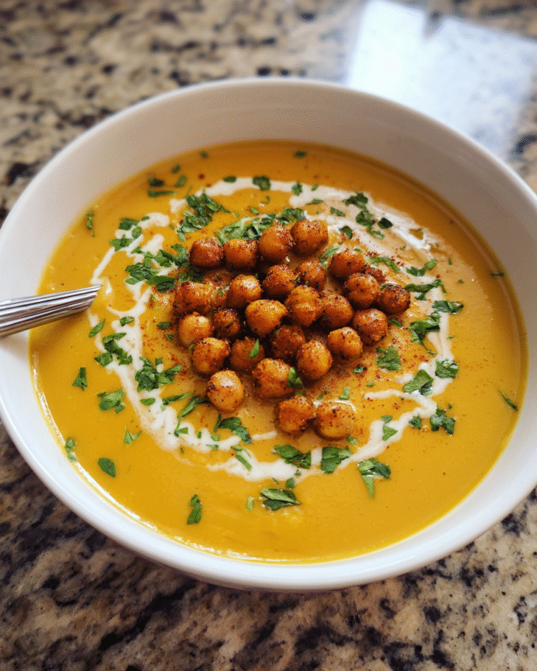 Bowl of Sweet Potato and Coconut Curry Soup with chickpeas