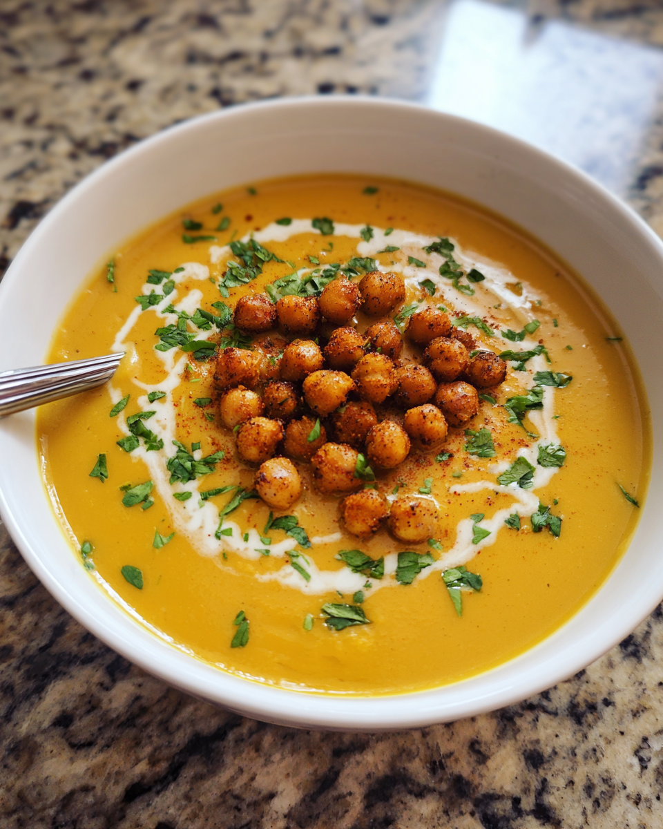 Bowl of Sweet Potato and Coconut Curry Soup with chickpeas