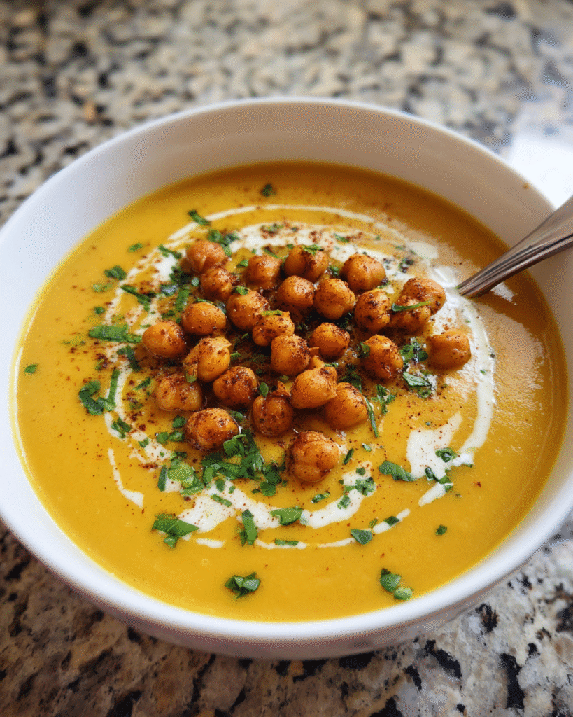 Bowl of Sweet Potato and Coconut Curry Soup with chickpeas