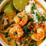 Thai coconut shrimp soup in a bowl with lime and cilantro