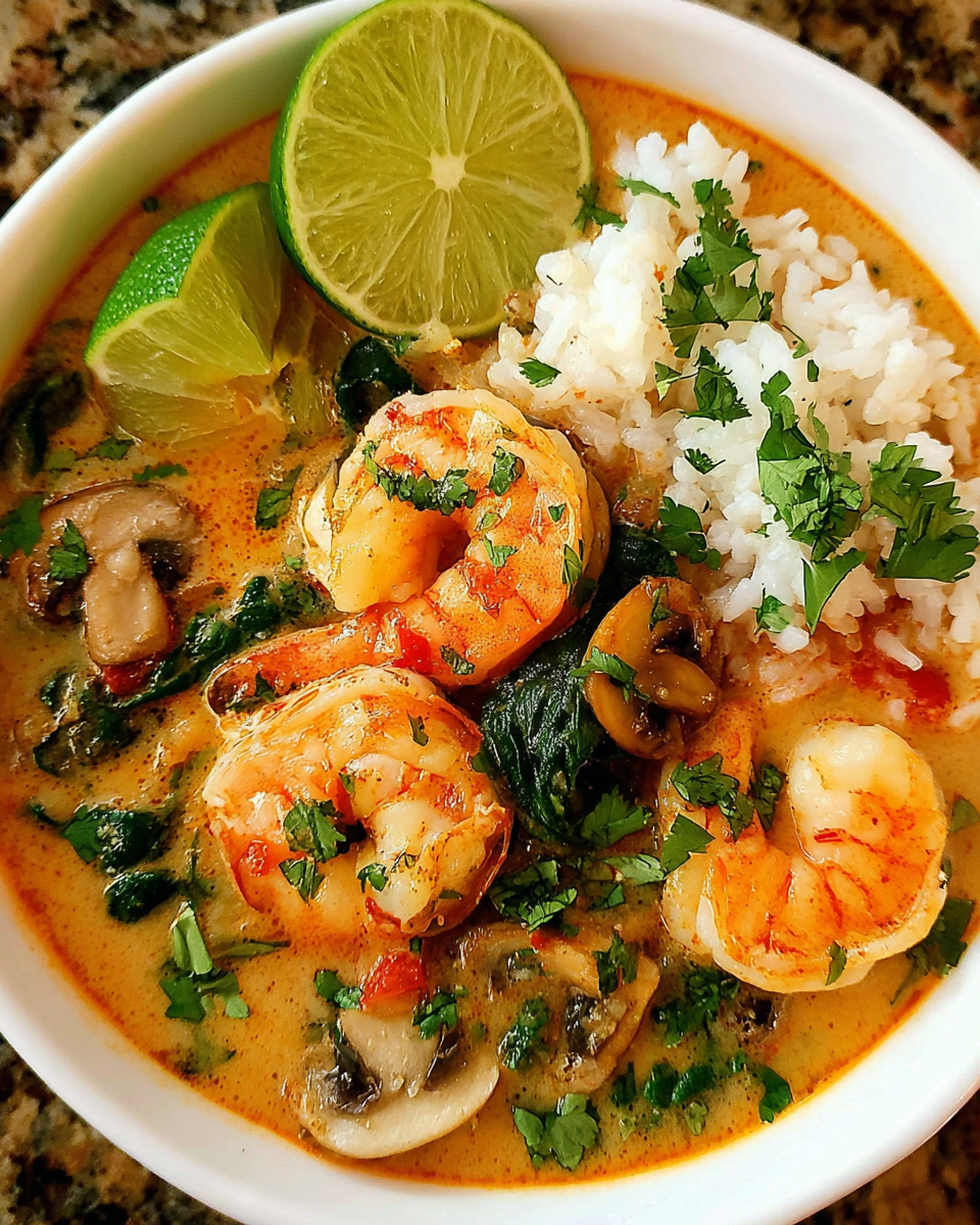 Thai coconut shrimp soup in a bowl with lime and cilantro