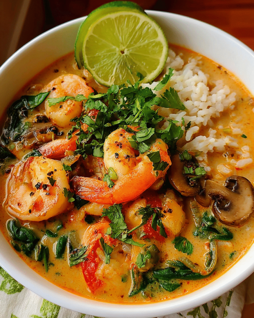 Thai coconut shrimp soup in a bowl with lime and cilantro