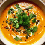 Creamy Thai curry pumpkin soup topped with cilantro and pepitas