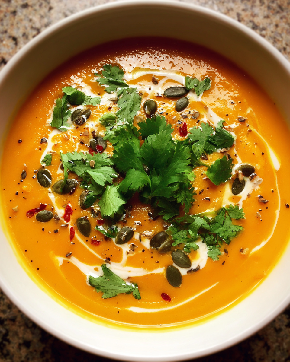 Creamy Thai curry pumpkin soup topped with cilantro and pepitas