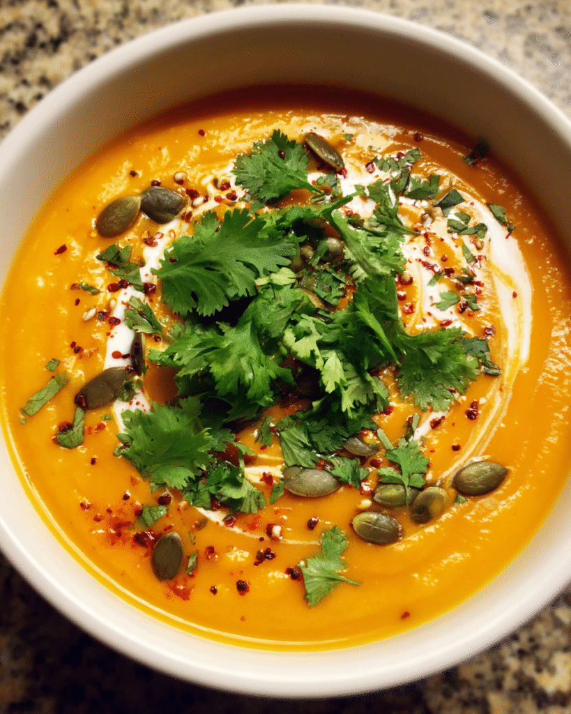 Creamy Thai curry pumpkin soup topped with cilantro and pepitas