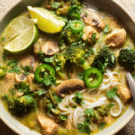 Thai Green Curry Chicken Soup in a bowl with fresh herbs