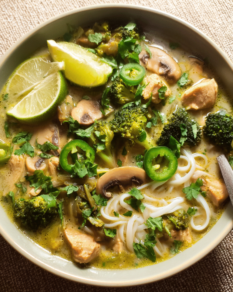 Thai Green Curry Chicken Soup in a bowl with fresh herbs