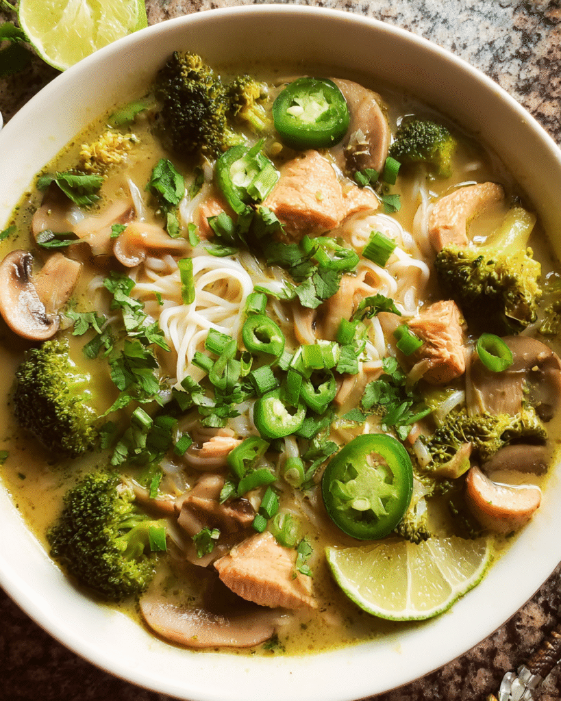 Thai Green Curry Chicken Soup in a bowl with fresh herbs