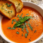 Roasted roma tomatoes and fresh basil blended into a smooth homemade soup
