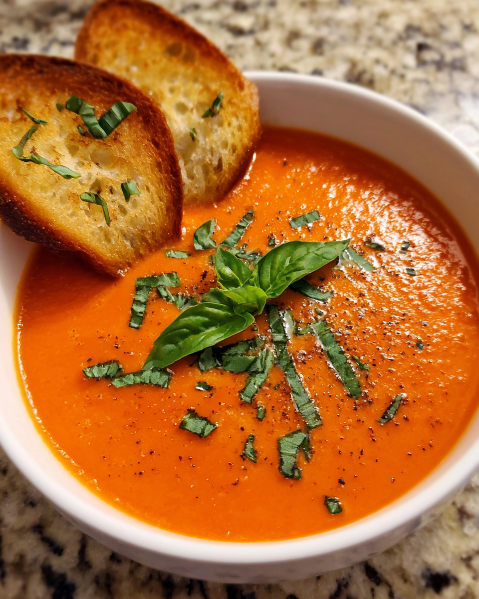 Roasted roma tomatoes and fresh basil blended into a smooth homemade soup