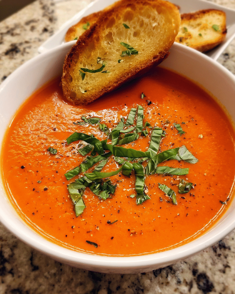 Roasted roma tomatoes and fresh basil blended into a smooth homemade soup