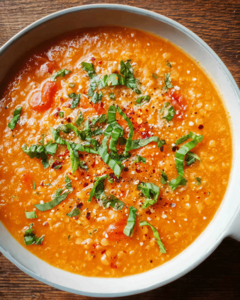 Creamy tomato lentil soup in a bowl with fresh basil