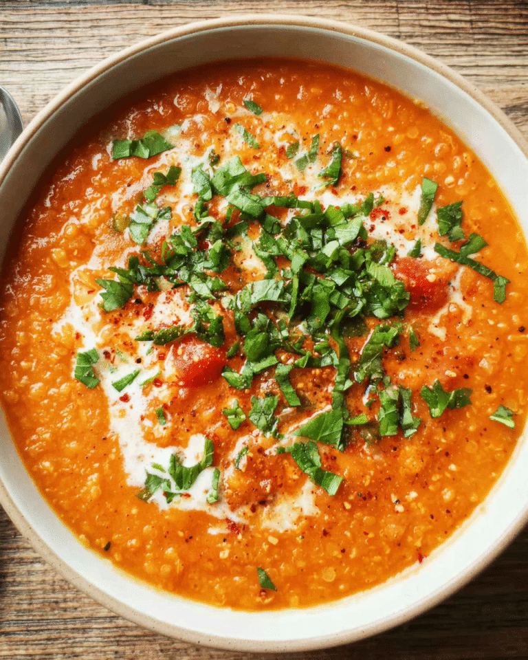 Creamy tomato lentil soup in a bowl with fresh basil