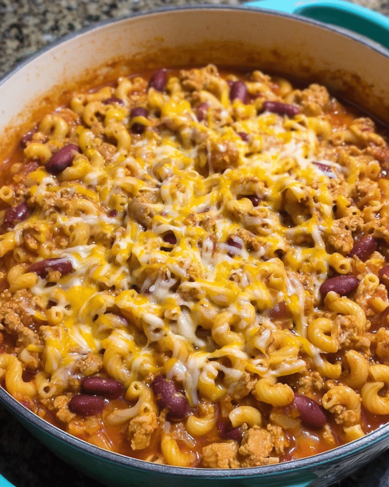 Turkey chili mac in a skillet with melted cheese