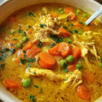 Bowl of Turmeric Ginger chicken Anti-Inflammatory Soup with carrots and herbs