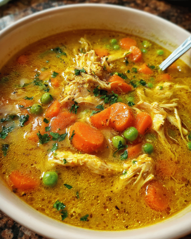 Bowl of Turmeric Ginger chicken Anti-Inflammatory Soup with carrots and herbs