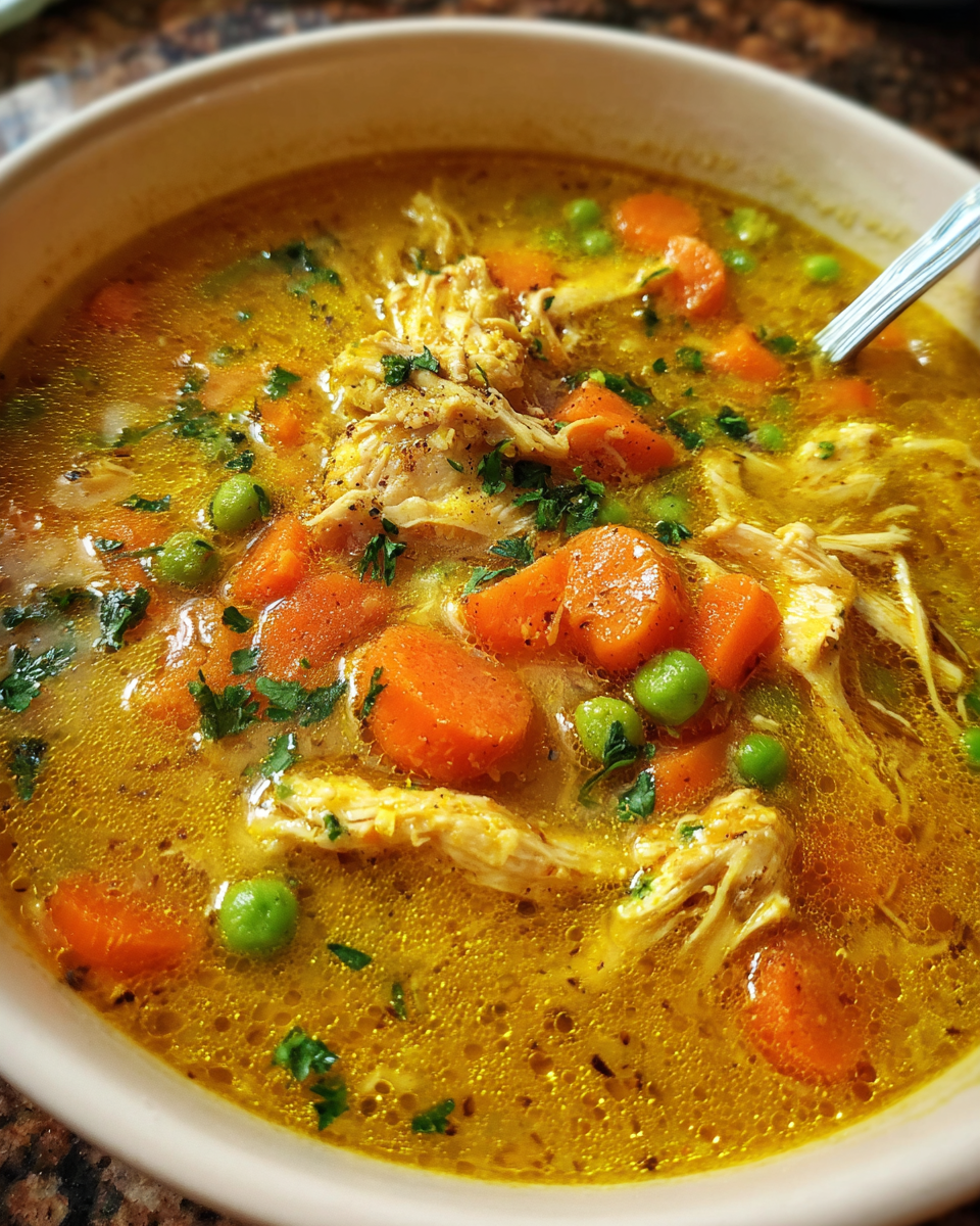 Bowl of Turmeric Ginger chicken Anti-Inflammatory Soup with carrots and herbs