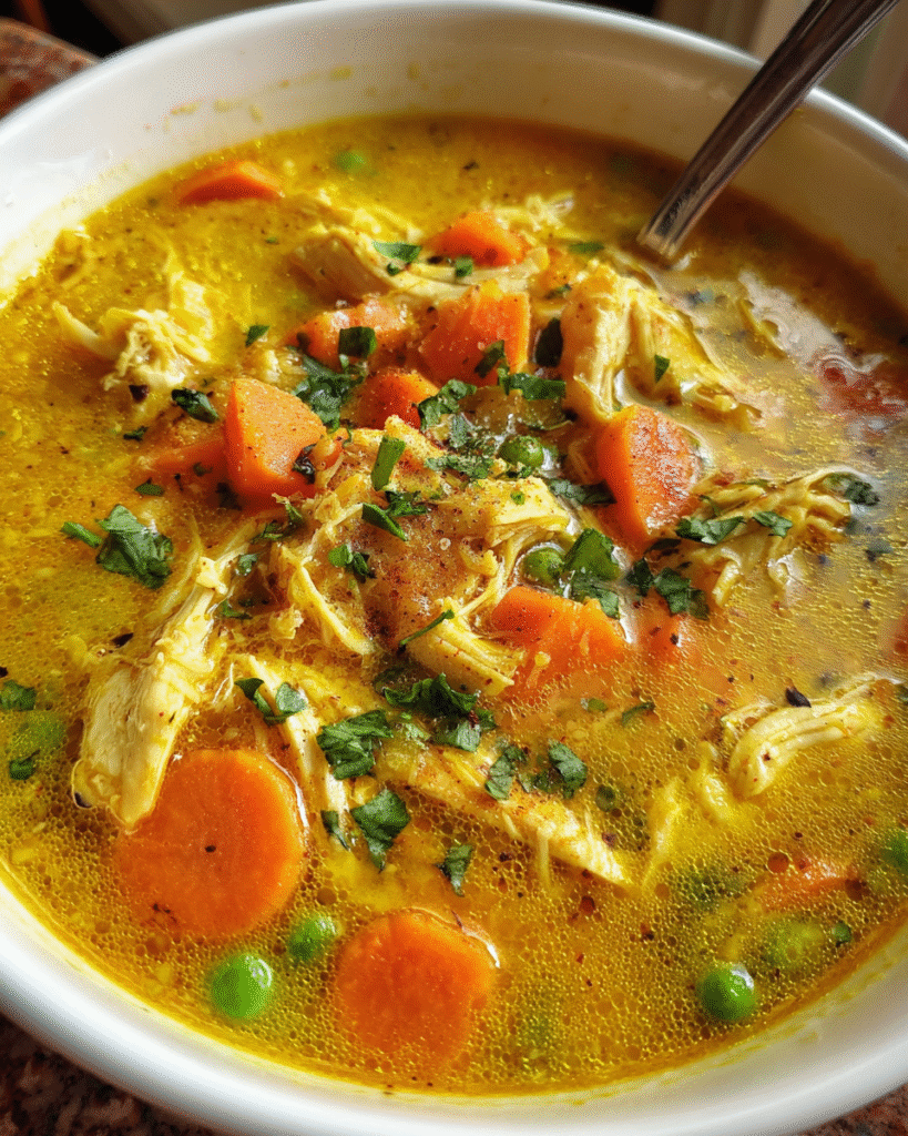 Bowl of Turmeric Ginger chicken Anti-Inflammatory Soup with carrots and herbs