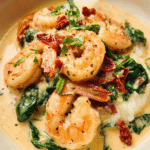 Tuscan Shrimp and Spinach Soup with creamy garlic broth