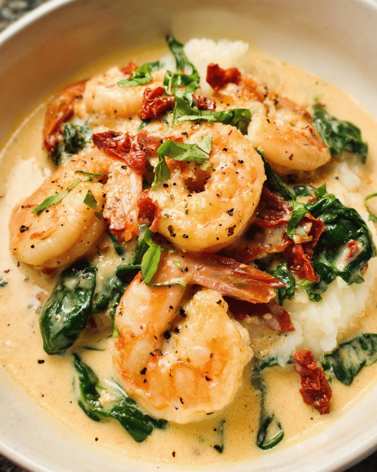 Tuscan Shrimp and Spinach Soup with creamy garlic broth