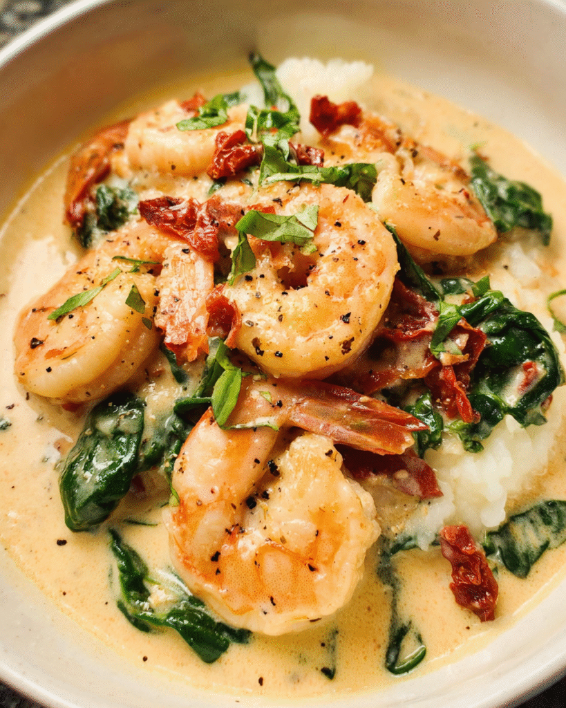 Tuscan Shrimp and Spinach Soup with creamy garlic broth