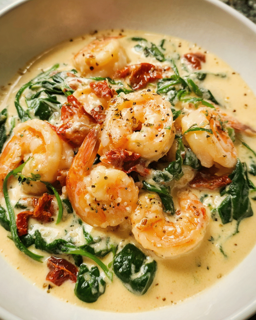Tuscan Shrimp and Spinach Soup with creamy garlic broth