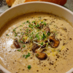 Bowl of creamy vegan mushroom truffle soup with garnish