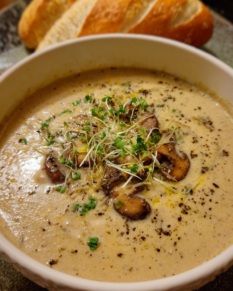 Bowl of creamy vegan mushroom truffle soup with garnish