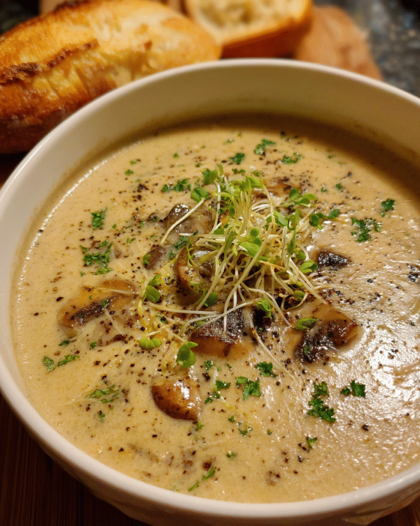 Bowl of creamy vegan mushroom truffle soup with garnish