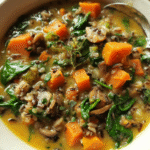 Wild Rice Sweet Potato Soup with vegetables and herbs