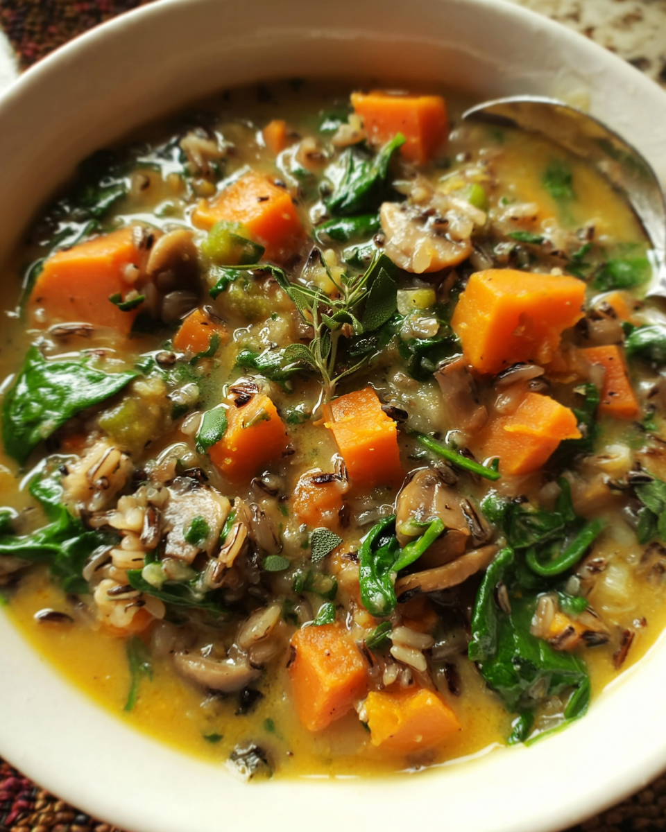 Wild Rice Sweet Potato Soup with vegetables and herbs