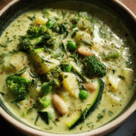 Creamy zucchini and broccoli soup in a bowl with herbs
