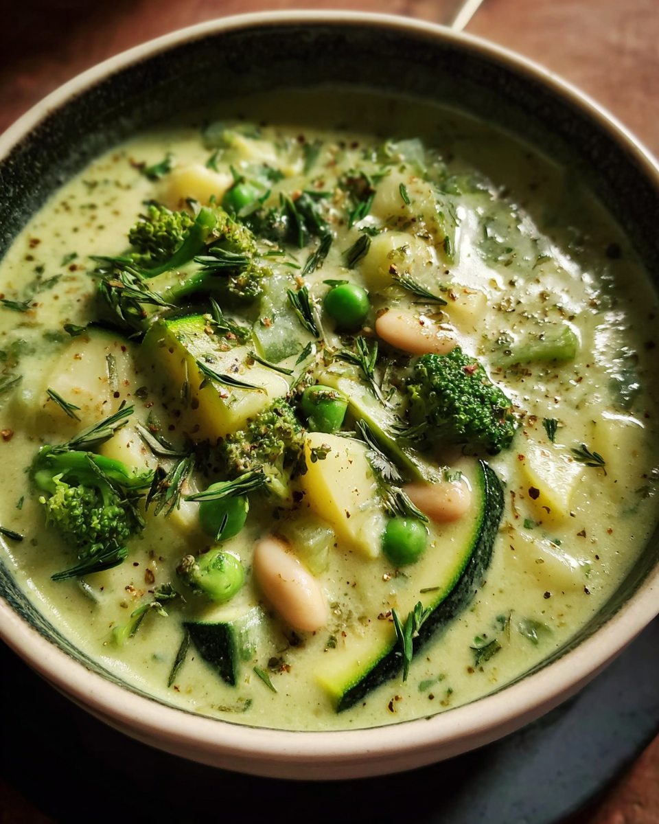 Creamy zucchini and broccoli soup in a bowl with herbs