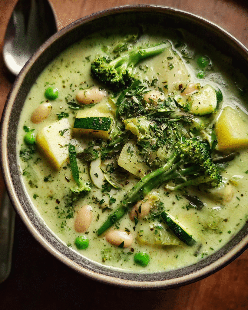 Creamy zucchini and broccoli soup in a bowl with herbs