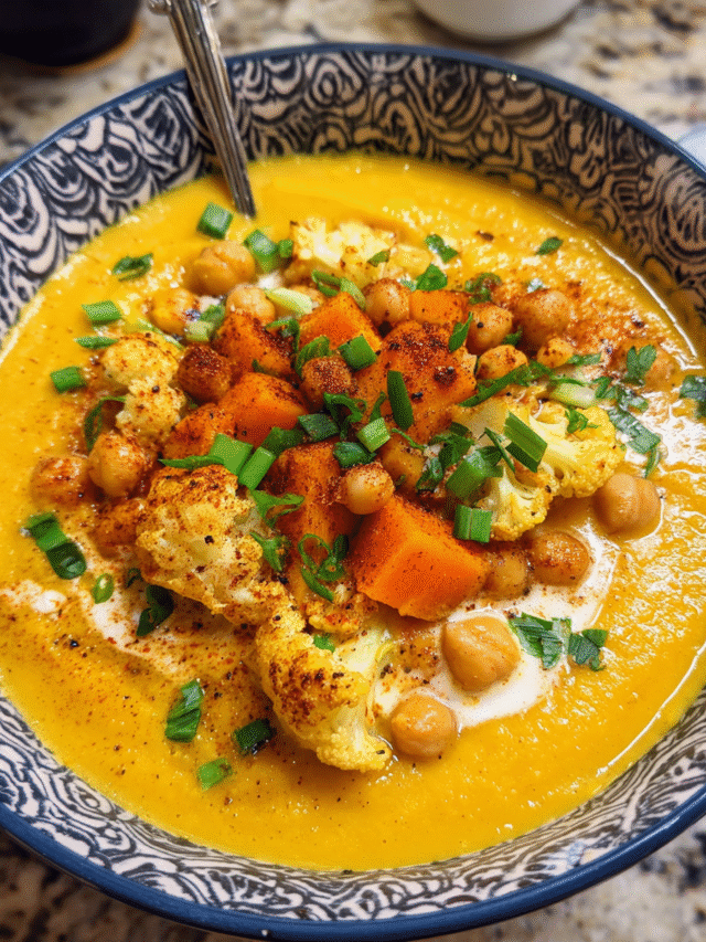 Bowl of anti-inflammatory golden turmeric soup with roasted vegetables