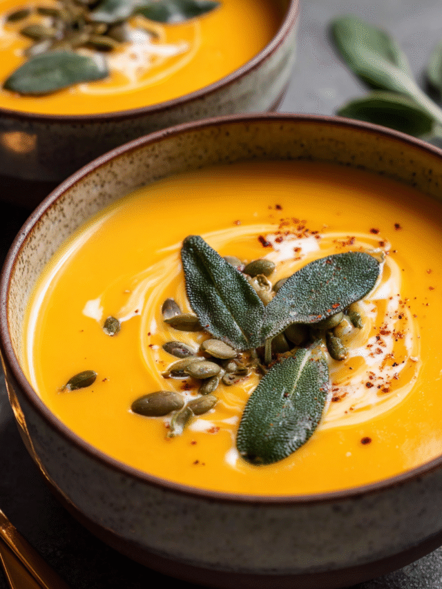 Bowl of apple butternut squash soup topped with crispy sage and pepitas