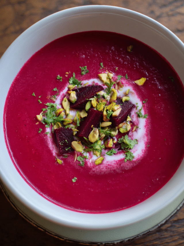 Beet Ginger and Coconut Soup in a bowl with creamy garnish