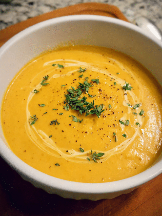 Bowl of creamy Butternut Squash and Pear Soup with thyme