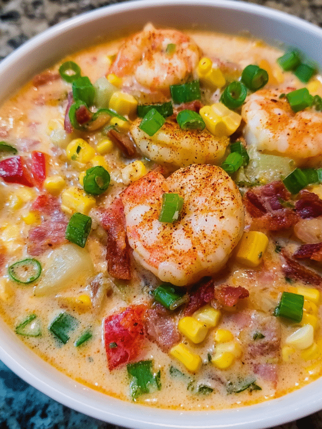 Bowl of creamy Cajun shrimp corn chowder with vegetables