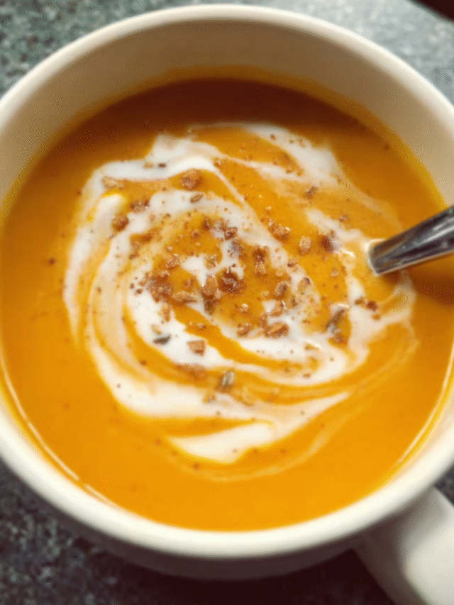 Caramelized onion and sweet potato soup in a bowl
