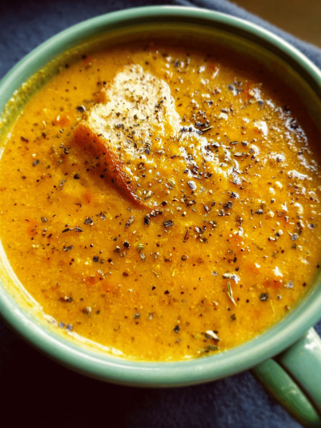 Carrot Ginger Coconut Curry Soup in a bowl with coconut milk drizzle.