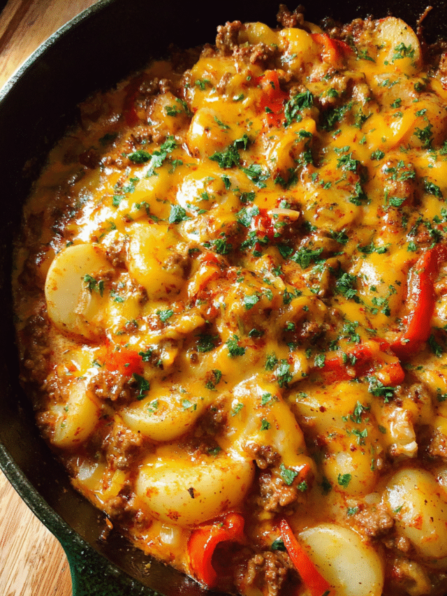 Cheesy ground beef and potatoes skillet with melted cheddar